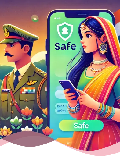 Krishn Kavach app showing a woman in traditional Indian dress using the safety app with a military officer illustration beside her, app status displayed as Safe