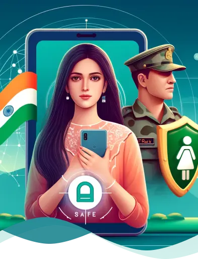 Krishn Kavach app dashboard screen showing a woman's safety status with live sensor monitoring and an Indian flag in the background